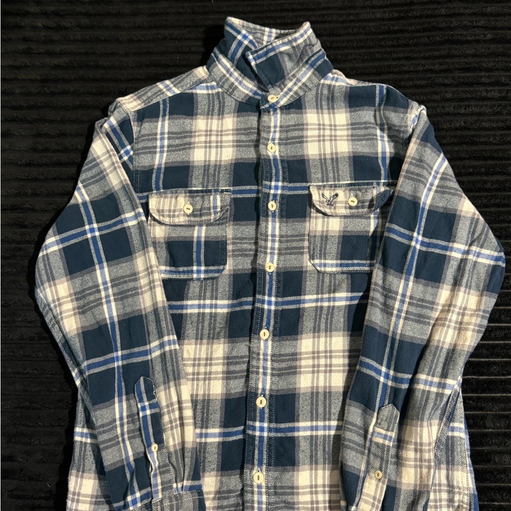 American Eagle Outfitters Navy and Cream Plaid Shirt